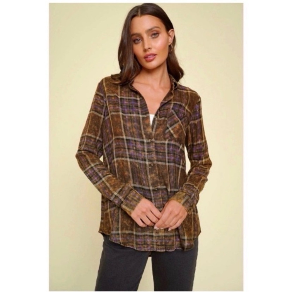 MYSTREE Boutique Brown Plaid Washed Flannel Top - Picture 4 of 10
